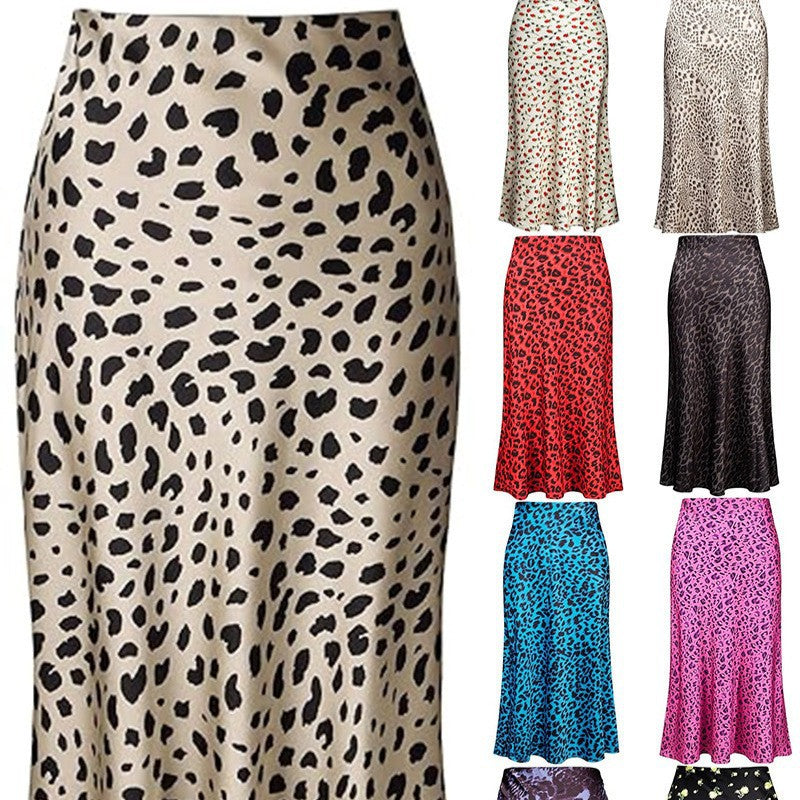 High-waisted Mermaid-style Satin Leopard-print Sheath Skirt