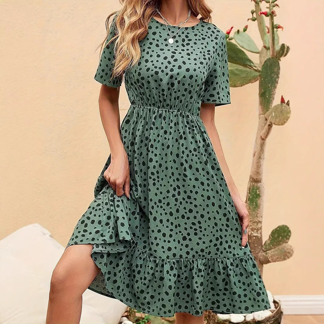 Womens Fashion Polka-Dot Crew-Neck Short-Sleeve Dress