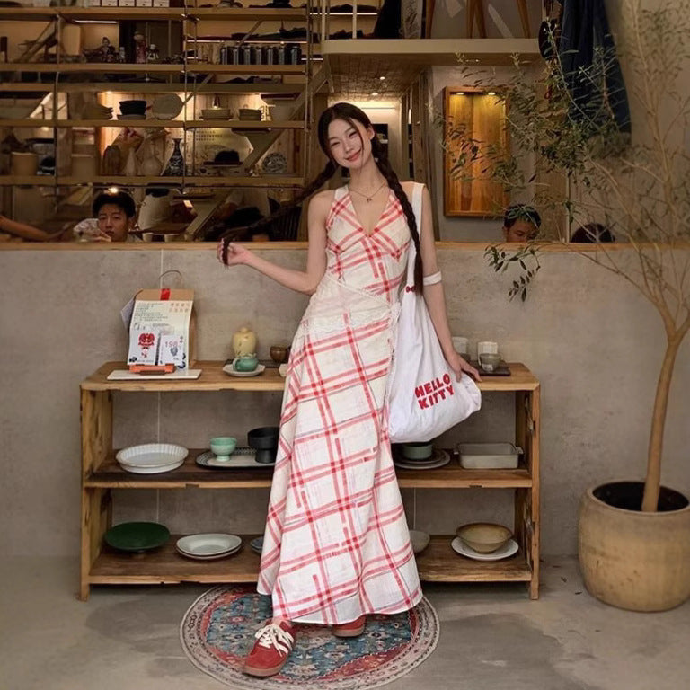 Sleeveless Cinched-waist Elegant Red Plaid Dress