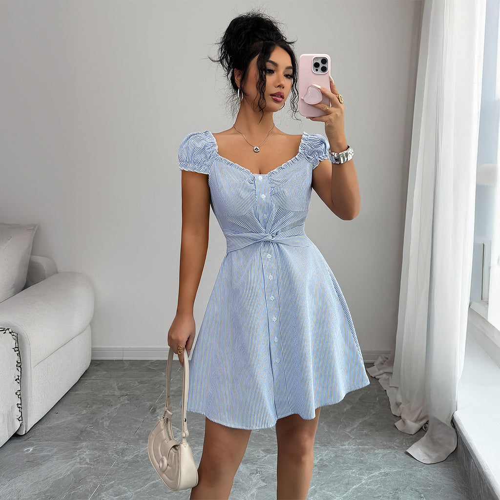 Womens Fashionable And Elegant Striped Puff-Sleeve Dress