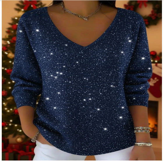 New Drop-shoulder V-neck Long-sleeve Printed Women's Pullover