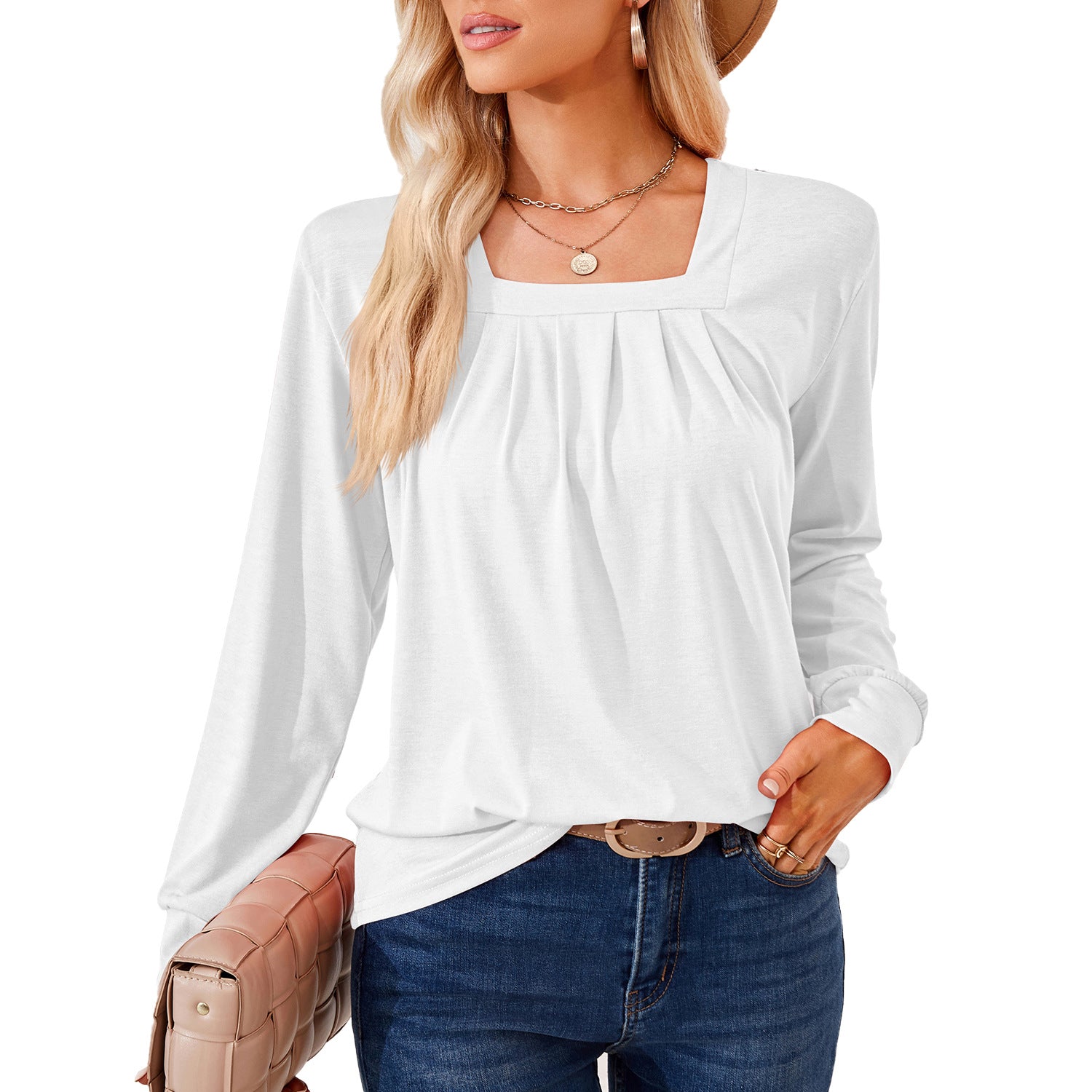 Loose-fitting T-shirt With A Square Neckline Pleats And Long Sleeves