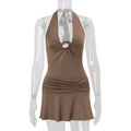 Solid-color V-neck Halter Backless Cinched-waist Pleated Sleeveless Mini Dress