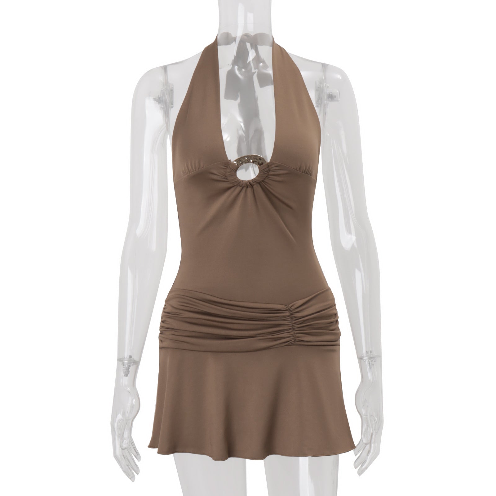 Solid-color V-neck Halter Backless Cinched-waist Pleated Sleeveless Mini Dress