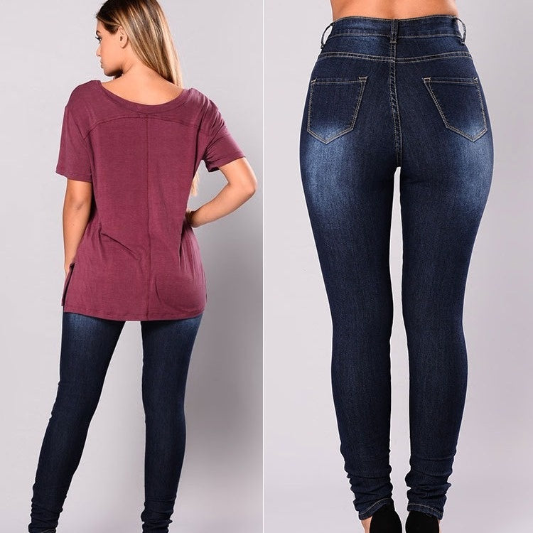 Stretchy Washed Distressed Ripped Denim Jeans