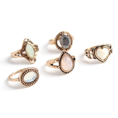 Vintage 8Pcs/Set Colorful Stone Metalic Rings