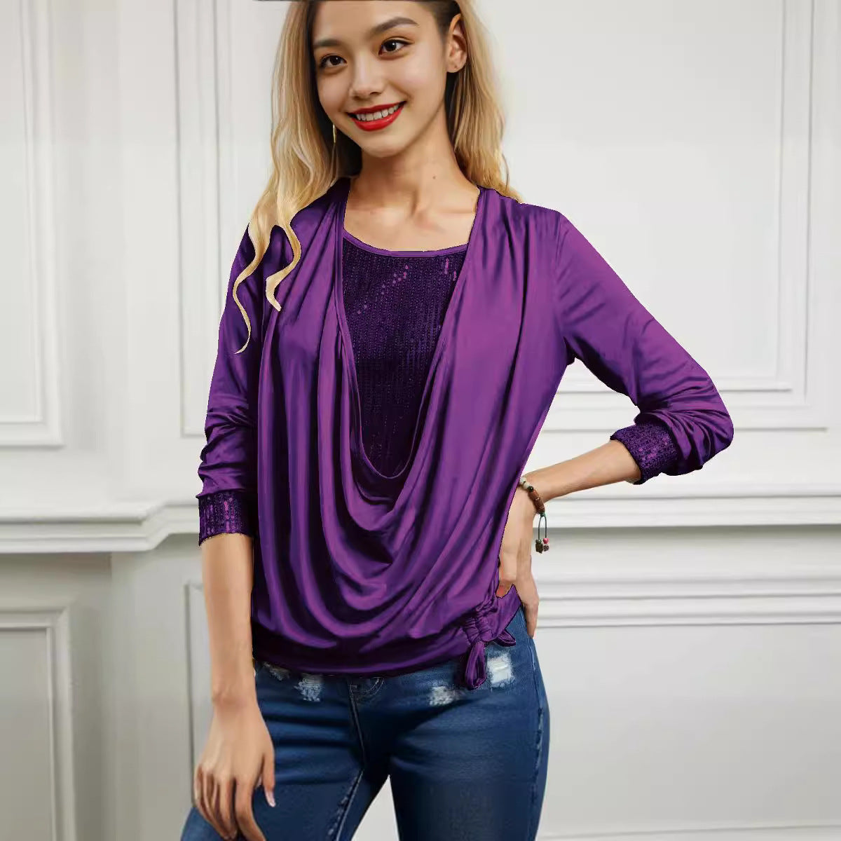 Sequins Contrast Solid Color Long Sleeve Women's Oversized Drop Neck Loose Top