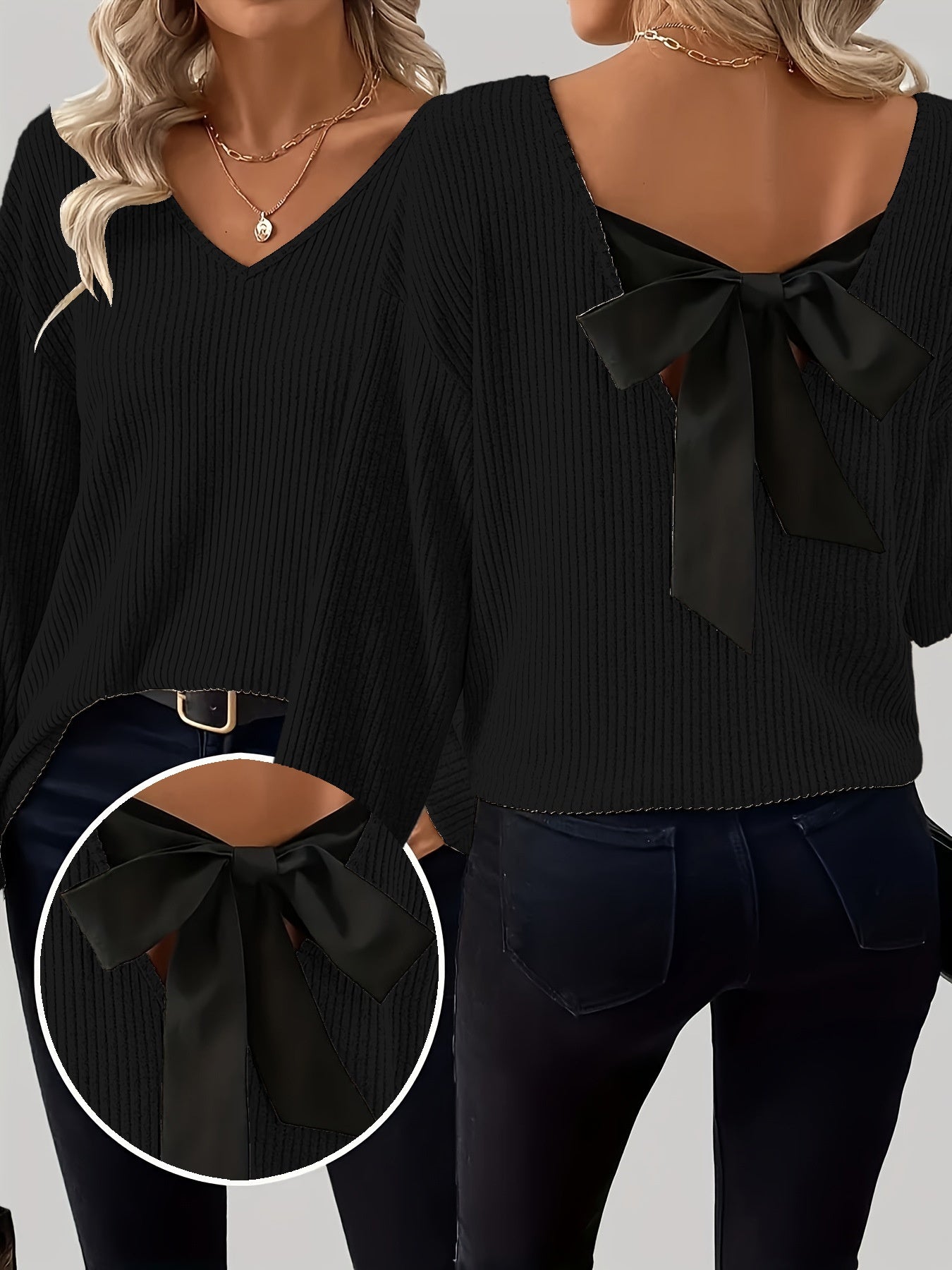 Contrast-color Satin Ribbon Bow Backless Drop-shoulder Long-sleeve Top