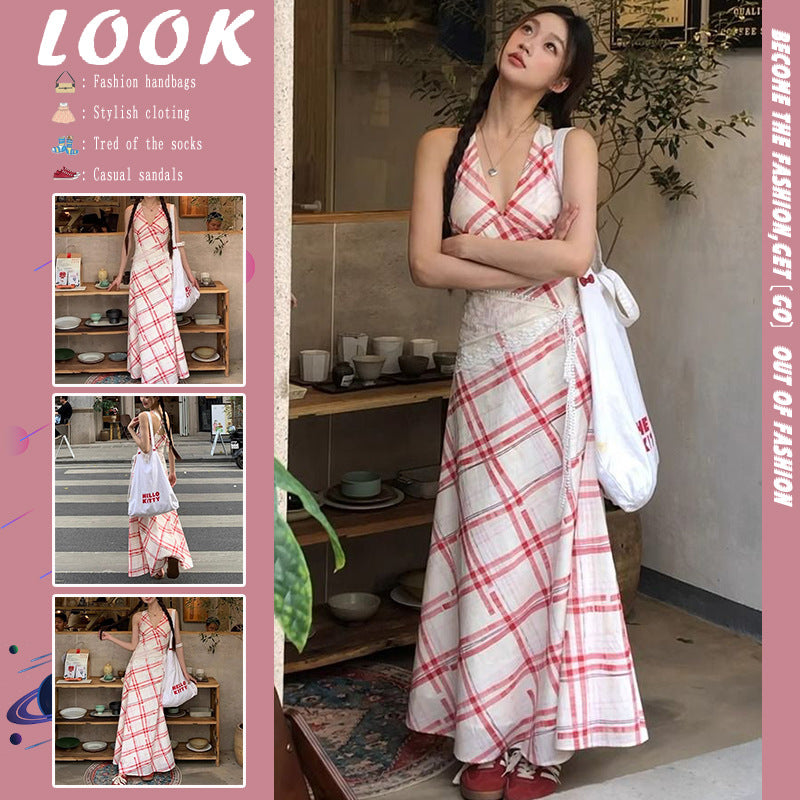 Sleeveless Cinched-waist Elegant Red Plaid Dress