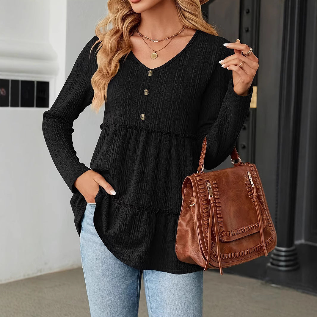 Women's Solid-color V-neck Button-panel Loose Long-sleeve Top
