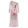 One-shoulder Long-sleeved Printed Maxi Dress