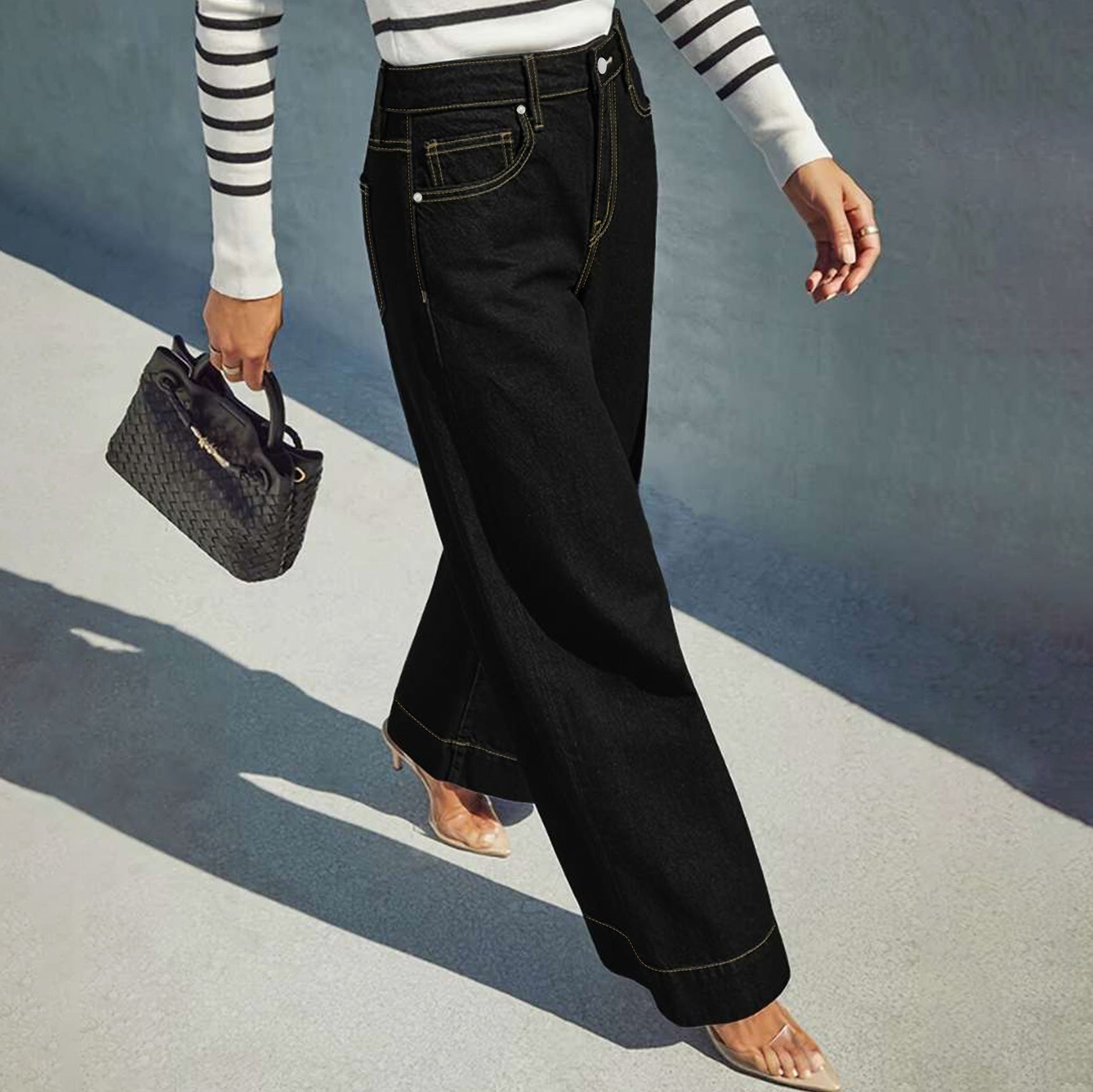 Womens Stylish Casual Black Wide-leg Jeans