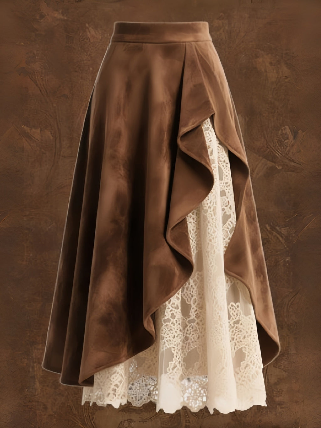 Womens Retro Western-Style Suede And Lace Patchwork Skirt