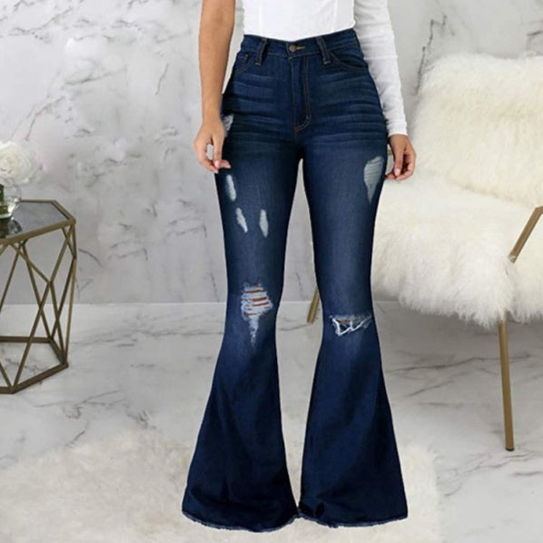 High-Elastic Ripped Flare Jeans For Women