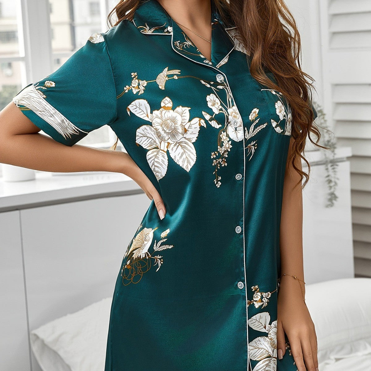 Printed Casual Shirt Dress Viscose Sleepwear Robe Lapel Collar With Short Sleeves