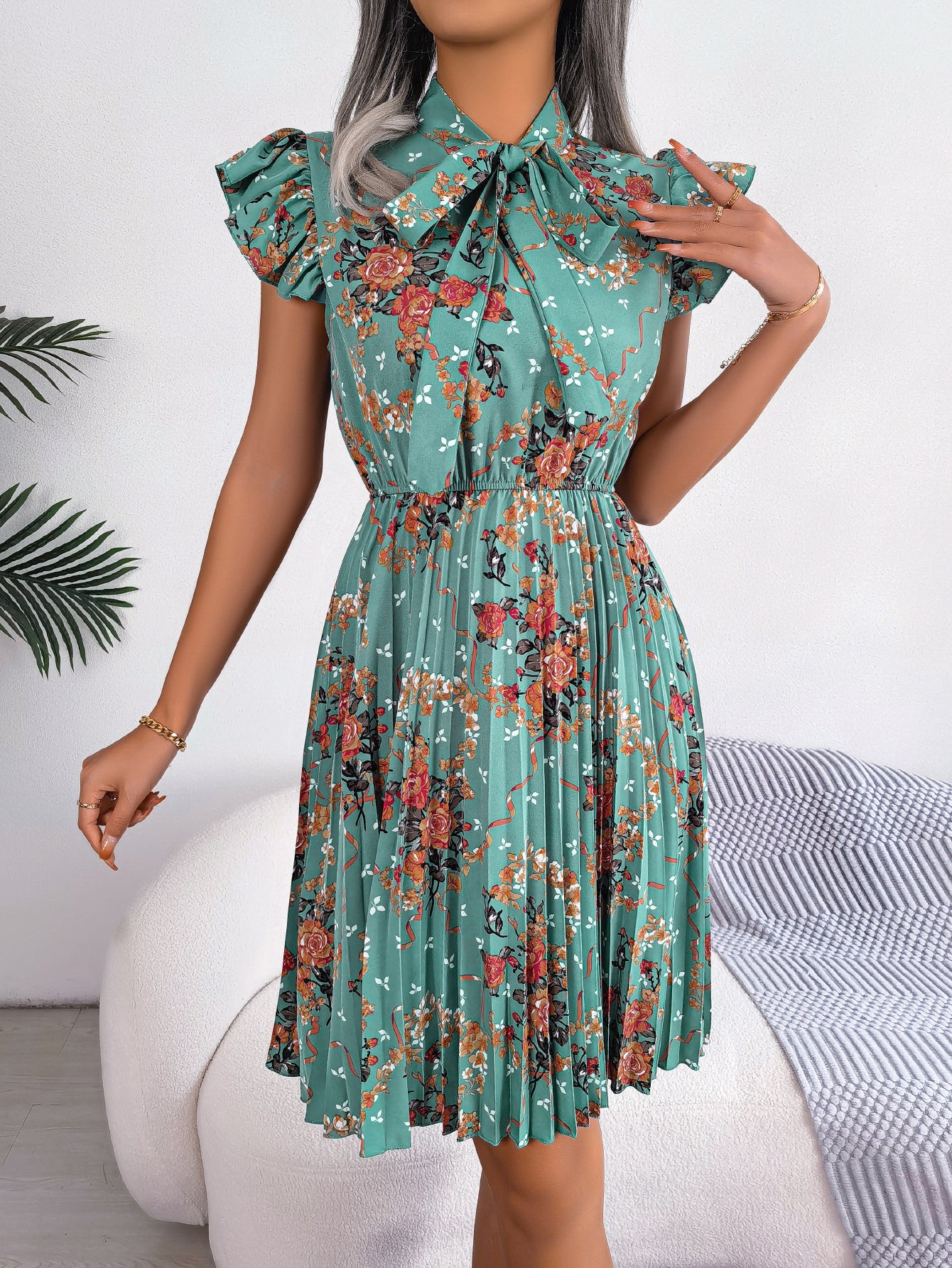 Women's Elegant Floral Print Tie Waist Flowy Pleated Skirt