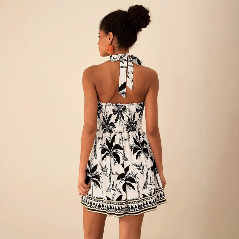 Printed Lace-up Sleeveless Halterneck Slip Dress For Women
