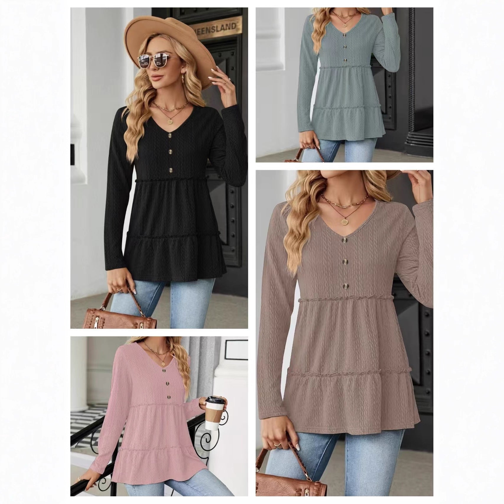 Women's Solid-color V-neck Button-panel Loose Long-sleeve Top