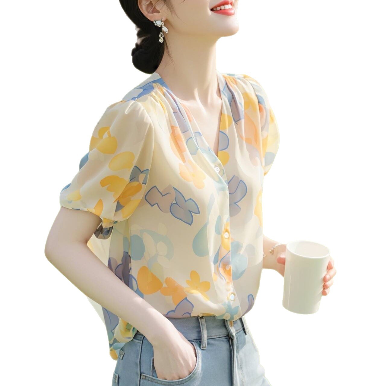 Women's Casual And Versatile Chiffon Short Sleeve Shirt