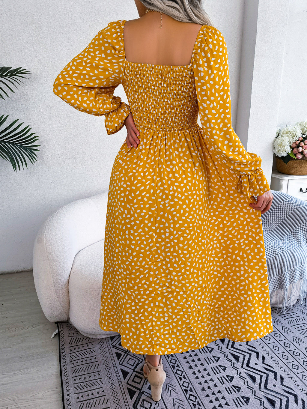 Women Square Neck Long Sleeve Vacation Rayon Pleated Maxi Dress