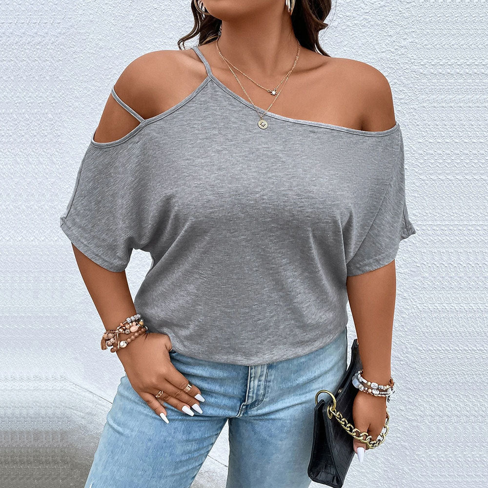 Women's Loose Casual Slanted Neck Off-Shoulder Short Sleeve Stylish Top