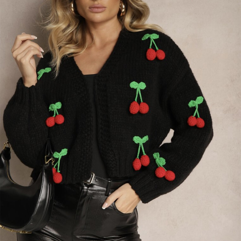 3D Cherry Pattern Women's Elegant Cardigan Sweater