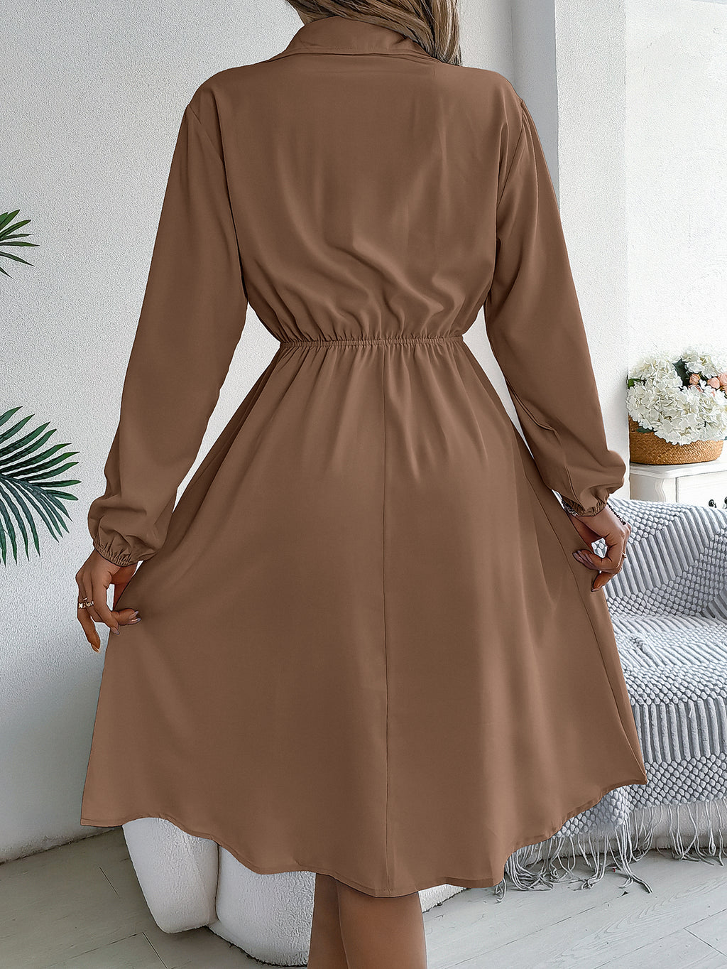 Women  Casual Button Tie Waist Long Sleeve Shirt Dress