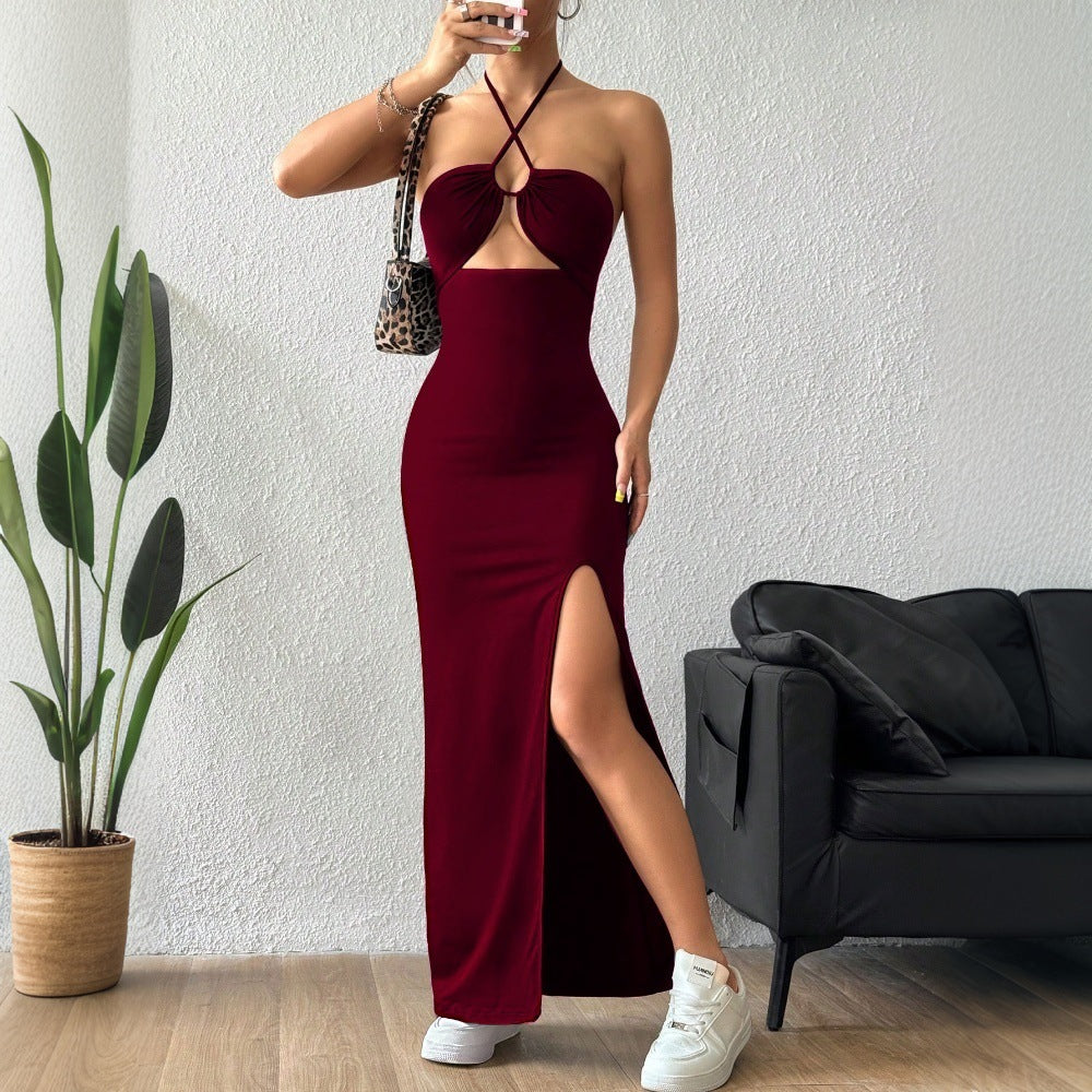 Womens Solid-Color Casual Halterneck Slim-Fit Dress