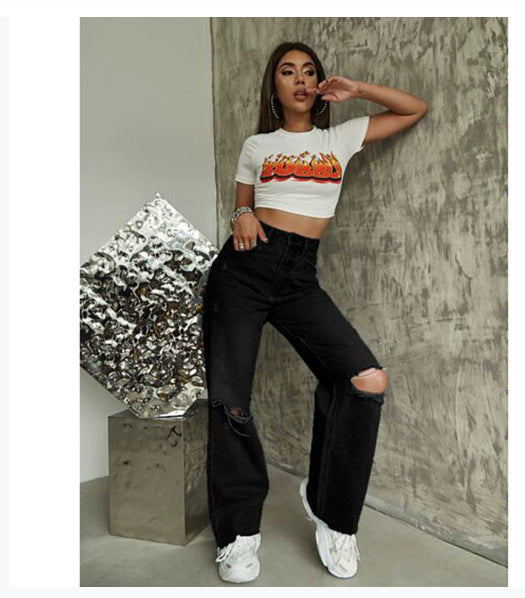 Womens Washed Casual Straight Jeans
