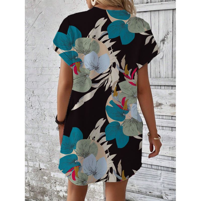 Printed Batwing Sleeve Crew Neck European And American Style Dress