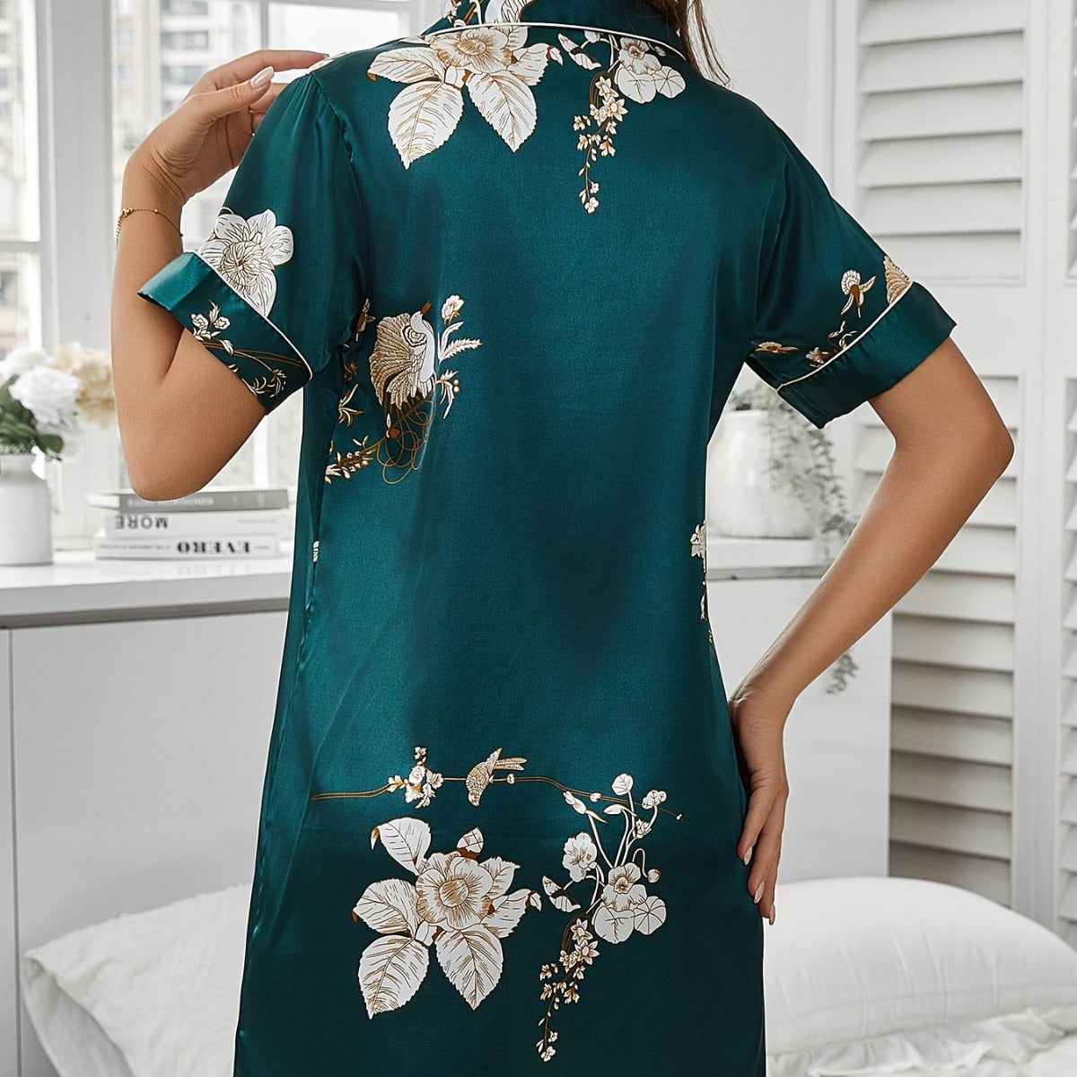 Printed Casual Shirt Dress Viscose Sleepwear Robe Lapel Collar With Short Sleeves