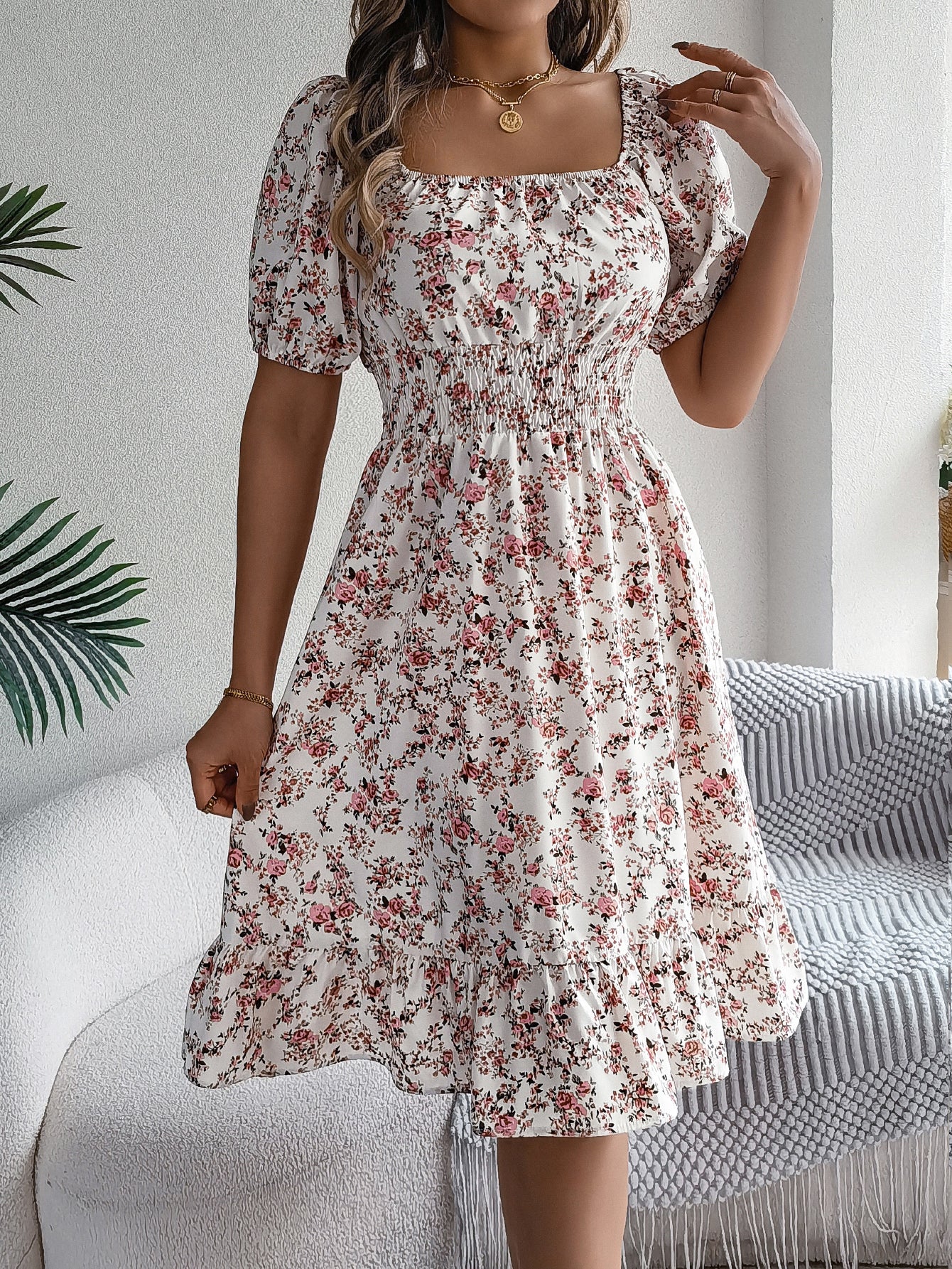 Women's Floral Print Square Neck Short Sleeve Tie Waist Ruffle A-Line Dress