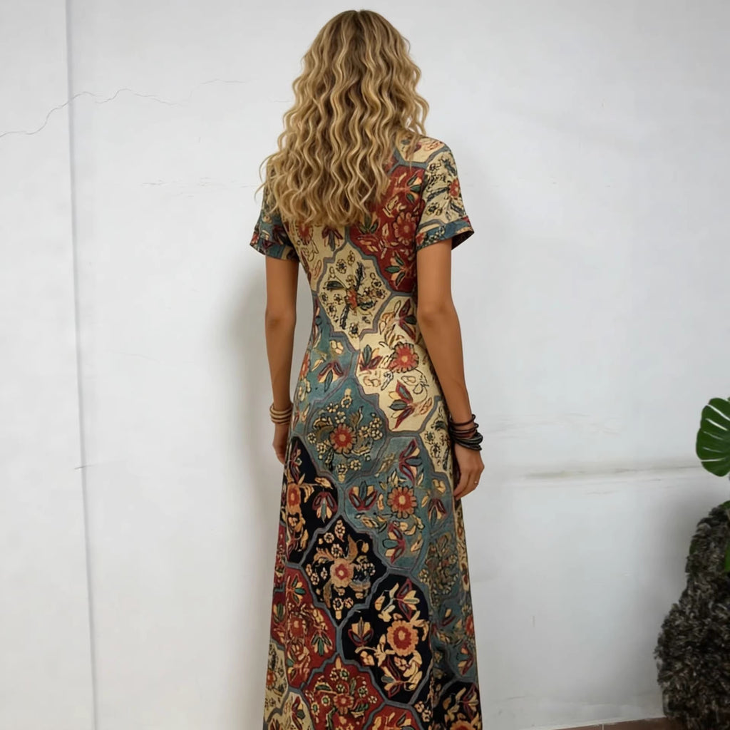 Floral Digital Print Art Short-Sleeve Elegant Dress