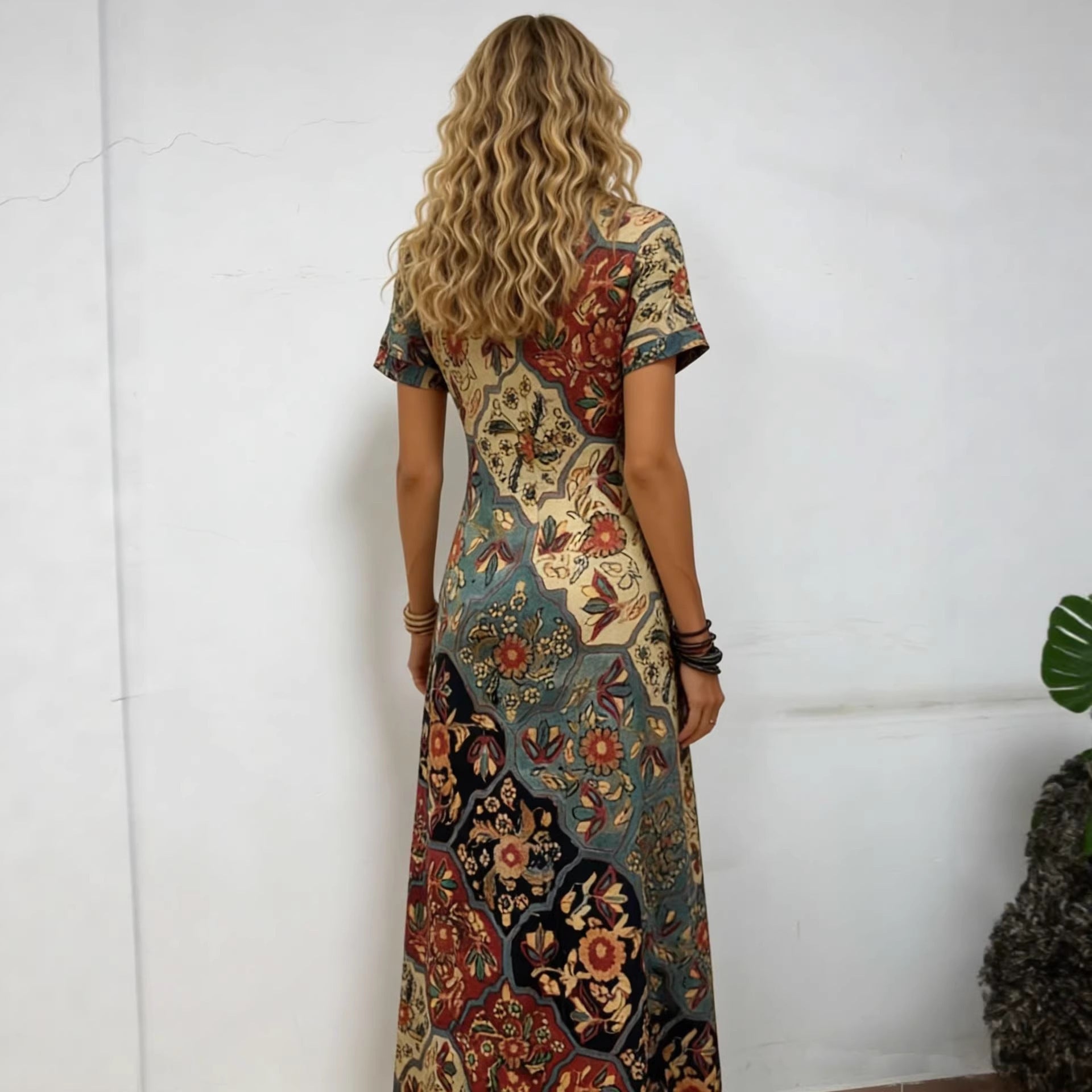 Floral Digital Print Art Short-Sleeve Elegant Dress