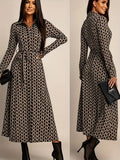 European And American-style Long-sleeve Waist-cinched Printed Dress