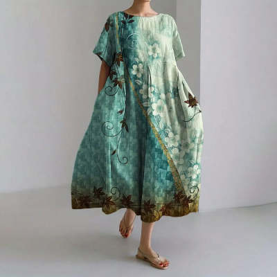 Retro Floral Loose Womens Printed Long Dress