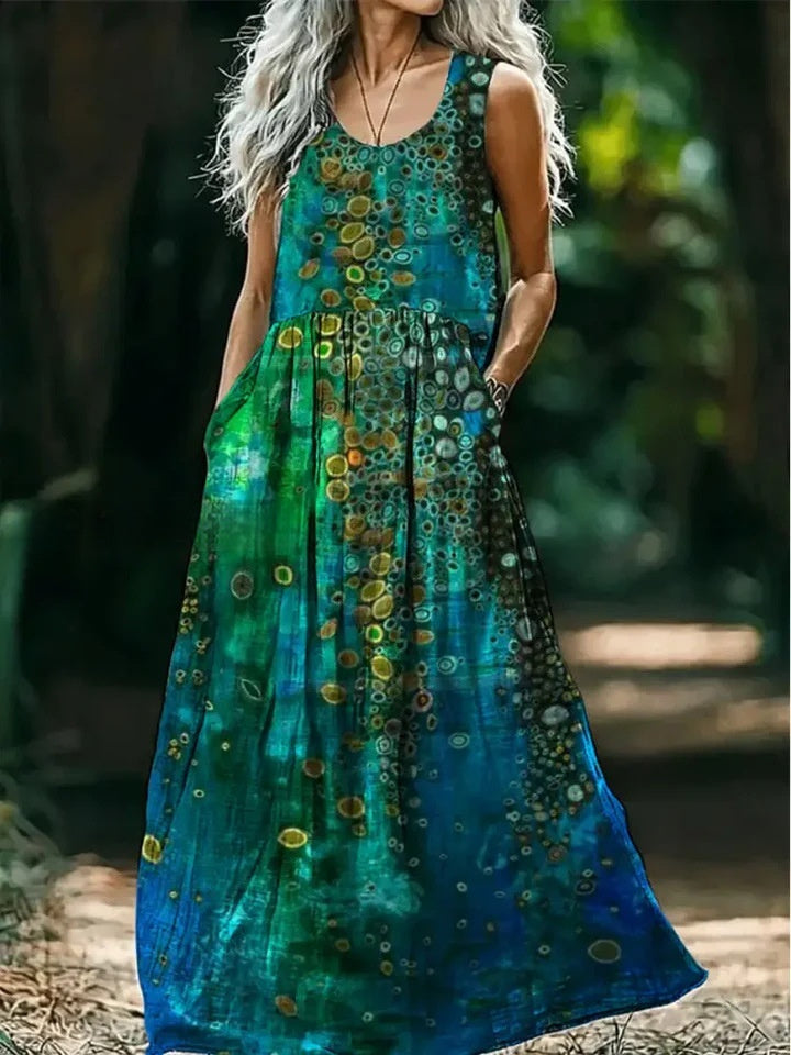 Womens Loose Fit Long Dress With Ocean Floral Print And Large Pockets