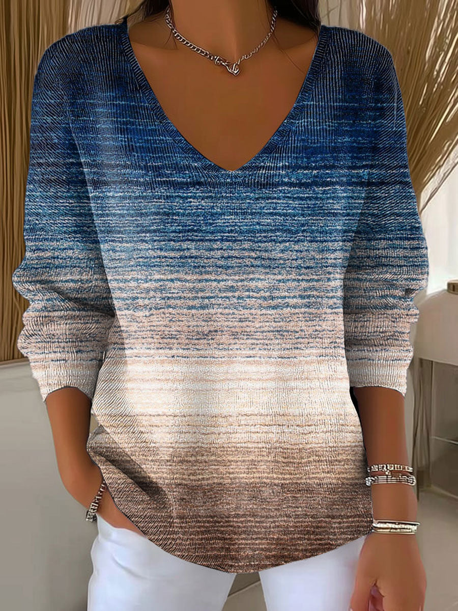 New Drop-shoulder V-neck Long-sleeve Printed Women's Pullover