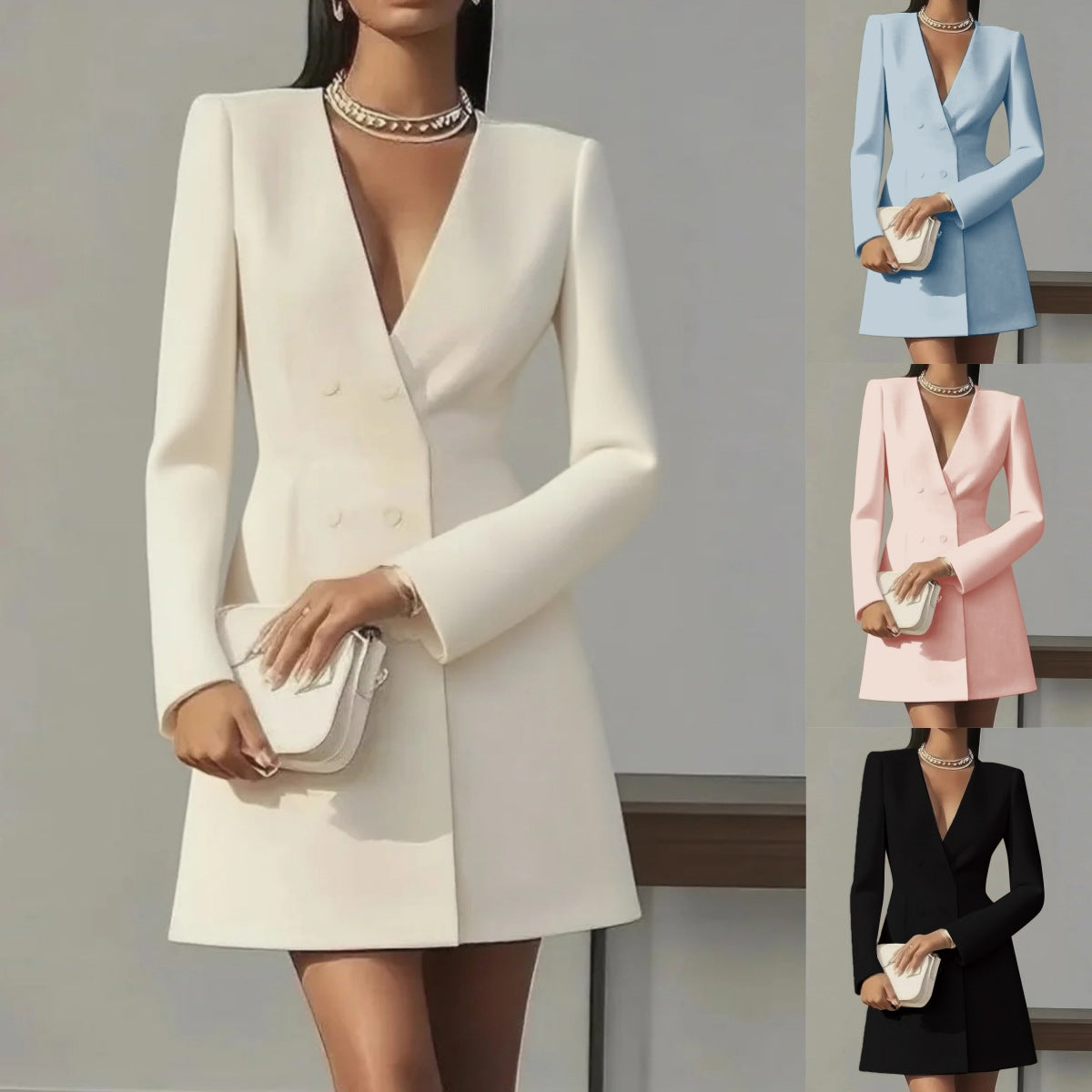 Solid-color V-neck Suit-style French Dress For Women