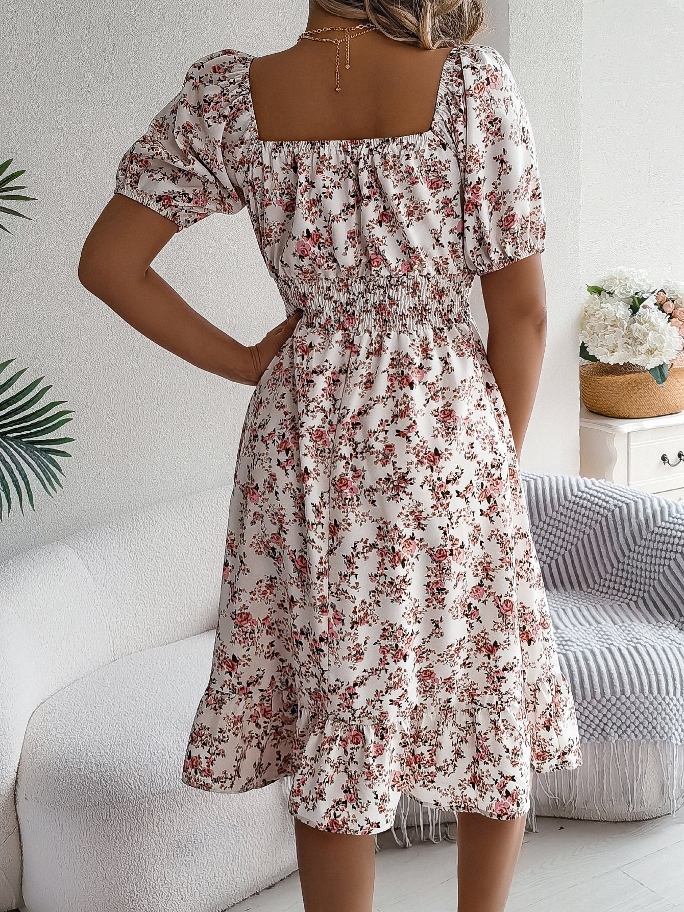 Women's Floral Print Square Neck Short Sleeve Tie Waist Ruffle A-Line Dress