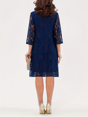 Womens Lace Hollow-Out Round-Neck Three-Quarter-Sleeve Dress