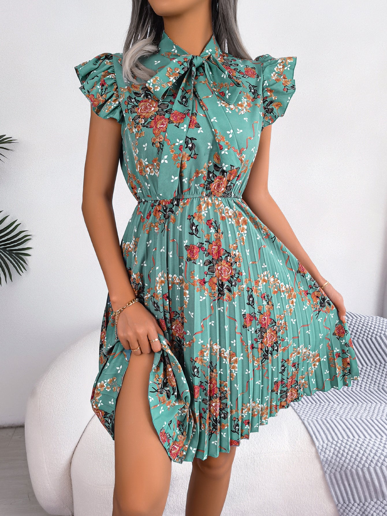 Women's Elegant Floral Print Tie Waist Flowy Pleated Skirt