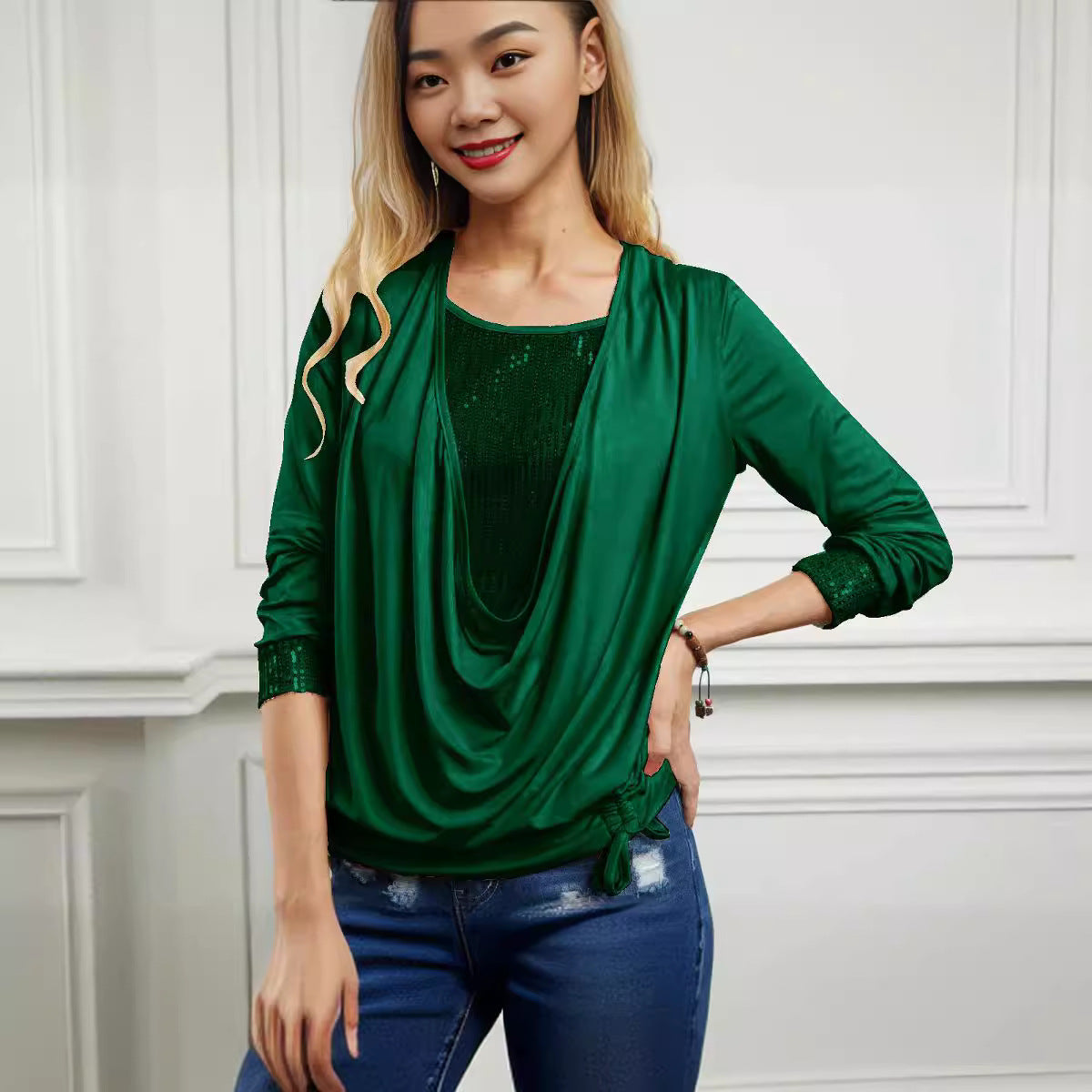 Sequins Contrast Solid Color Long Sleeve Women's Oversized Drop Neck Loose Top