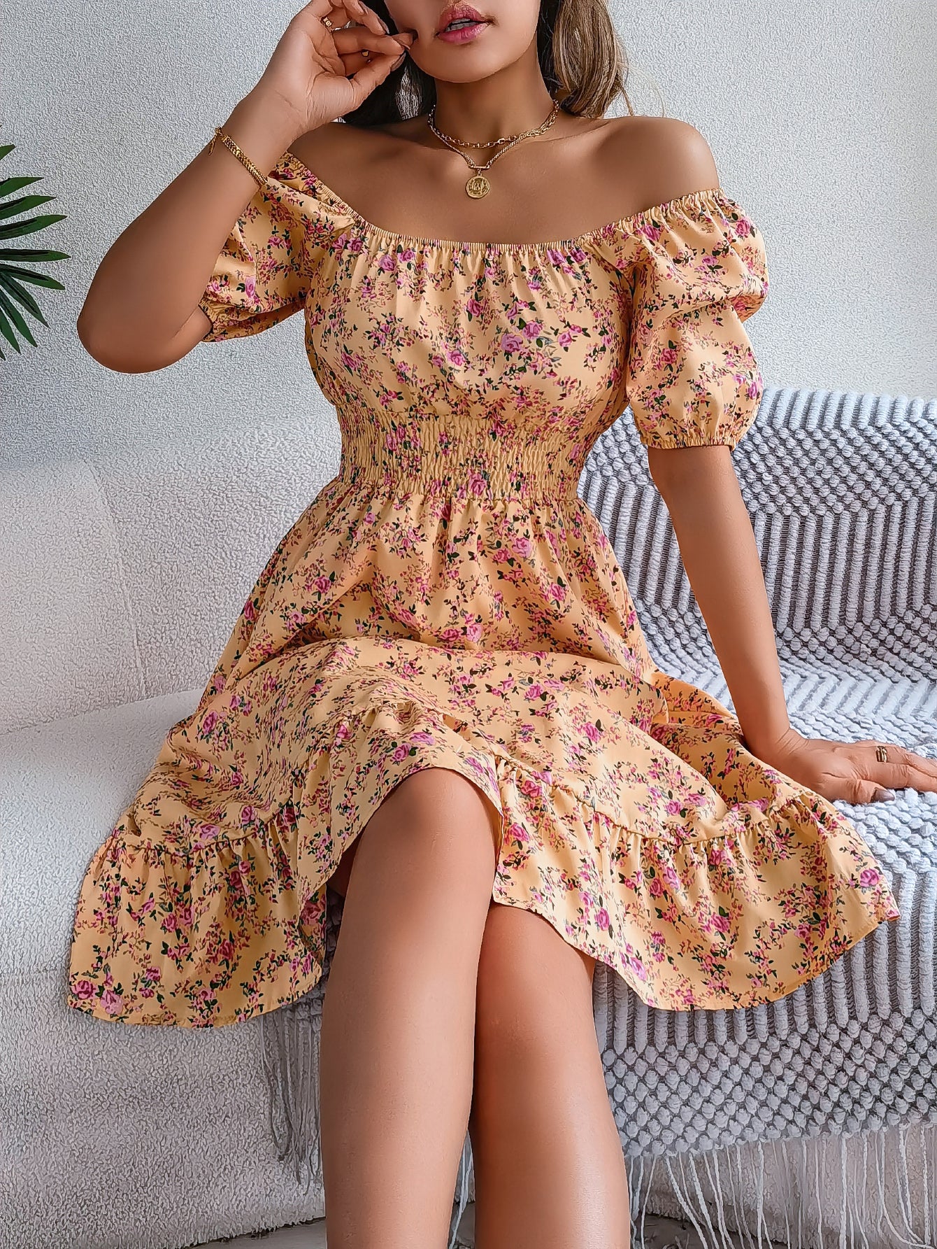 Women's Floral Print Square Neck Short Sleeve Tie Waist Ruffle A-Line Dress
