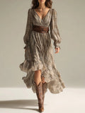 Plaid V-neck Long-sleeve Dress With Ruffled Hem