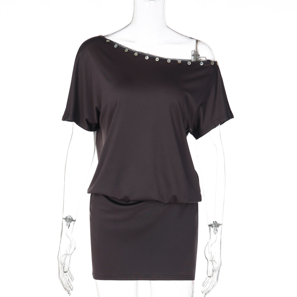 New Shell Button Slash Neck Off Shoulder Slim Fit Body Hugging Street Style Dress