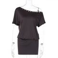 New Shell Button Slash Neck Off Shoulder Slim Fit Body Hugging Street Style Dress