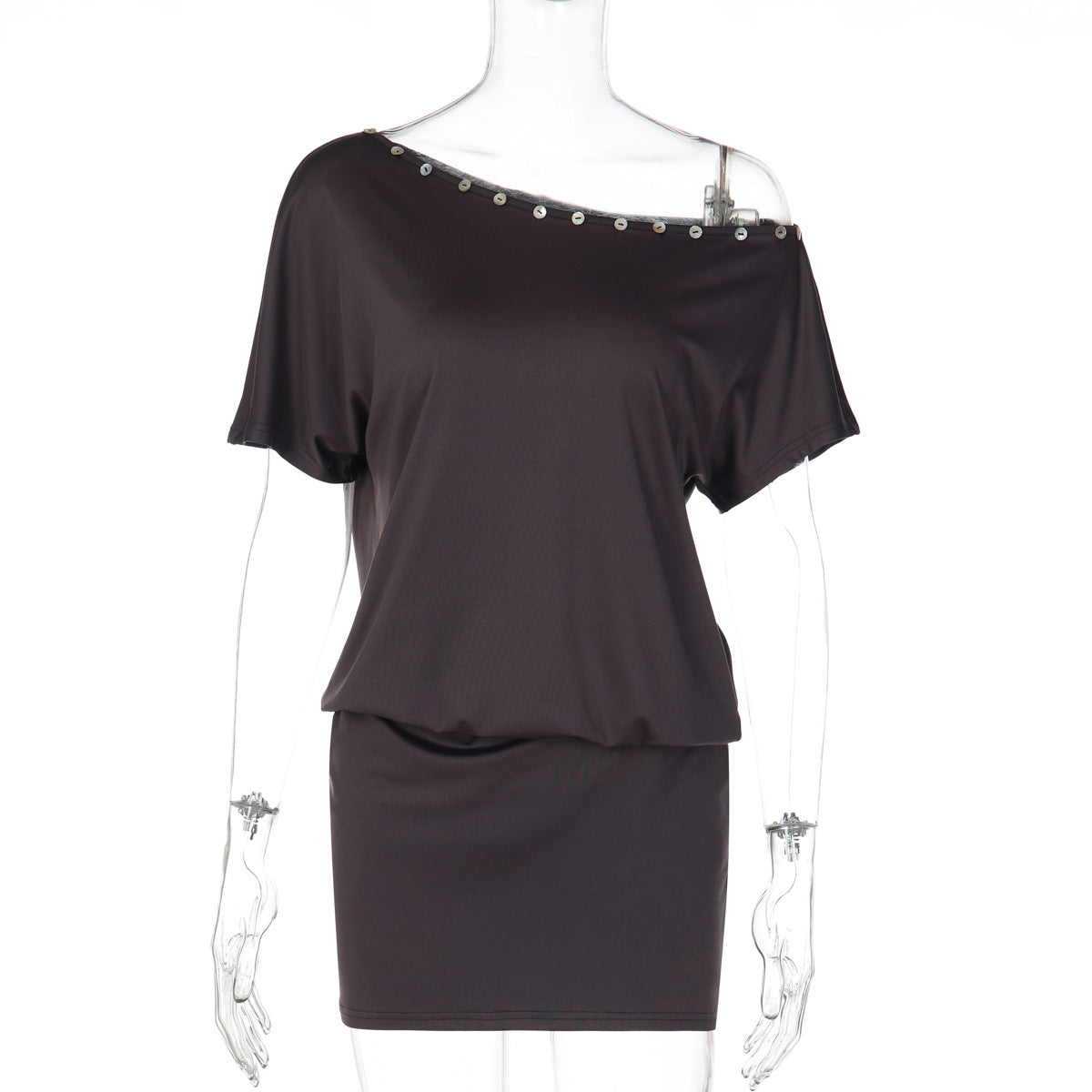 New Shell Button Slash Neck Off Shoulder Slim Fit Body Hugging Street Style Dress