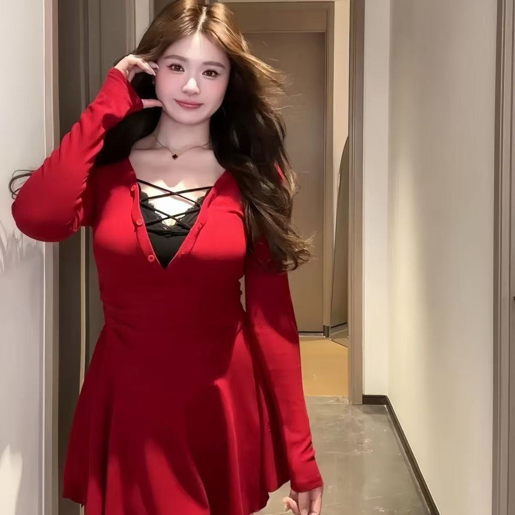 V-neck Lace-panel Faux Two-piece Sexy Dress
