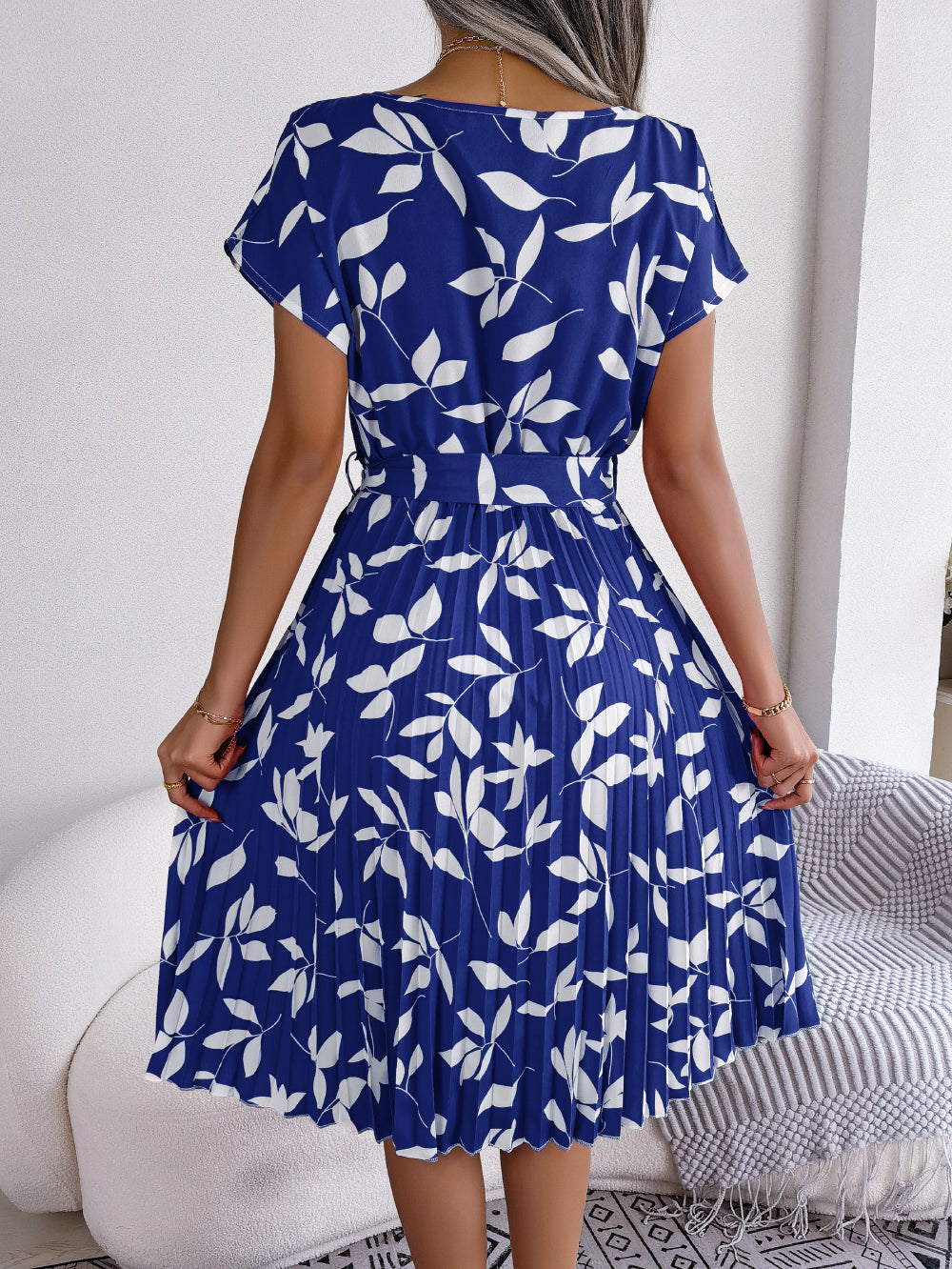 Women's Casual Leaf Print Short Sleeve Flowy Pleated Dress